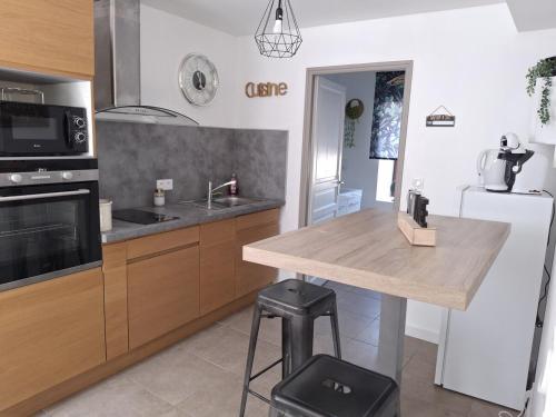 a kitchen with a counter and a sink and a refrigerator at Appartement à la campagne in Saint-Savin