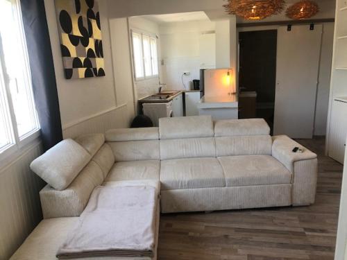 un salon avec un canapé et une cuisine dans l'établissement 2 Pièces 4 personnes à 100 m de la plage, à Saint Cyprien Plage