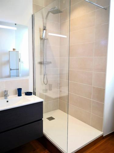 une salle de bain avec douche et lavabo dans l'établissement 19 av gambetta, à Millau