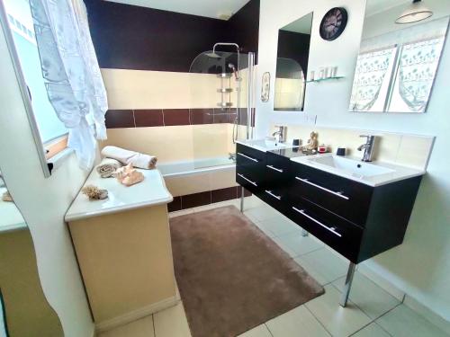 une salle de bain avec un lavabo, une douche et un miroir dans l'établissement BRETAGNE Chambre sur la Côte d'Émeraude Saint-Malo, à Saint-Guinoux