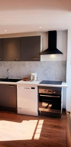 une cuisine avec un évier et une cuisinière four supérieur dans l'établissement 3 Liberte - 1er, à Saint-Affrique