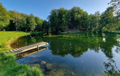 a lake with a wooden dock in the middle at Gorgeous Home In Vinslöv With Wifi in Vinslöv