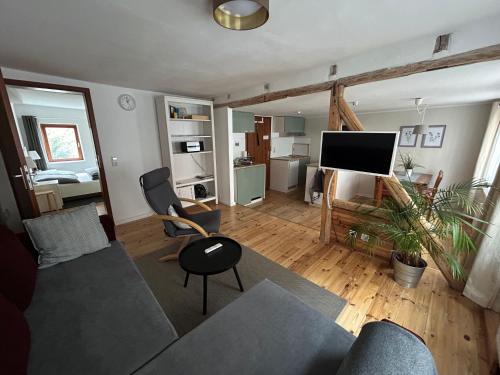 a living room with a couch and a tv at Apartment Pension Sternchen in Erfurt