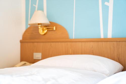 a bedroom with a bed with a lamp on it at Enrosadira in Predaia