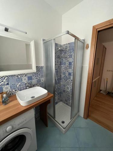 a bathroom with a shower and a washing machine at Trinacria apartments Falcone in Falcone