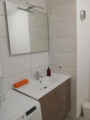 une salle de bain avec un lavabo et un miroir dans l'établissement Appartement cosy à Caen avec terrasse et jardin, à Caen