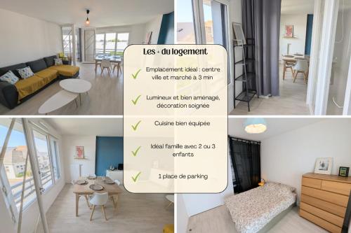 un collage de trois photos d'un salon dans l'établissement Séjour tout à pied, idéal famille, parking privé - Linge et ménage inclus, au Pouliguen