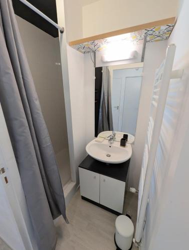 une salle de bain avec un lavabo et un miroir dans l'établissement Séjour tout à pied, idéal famille, parking privé - Linge et ménage inclus, au Pouliguen