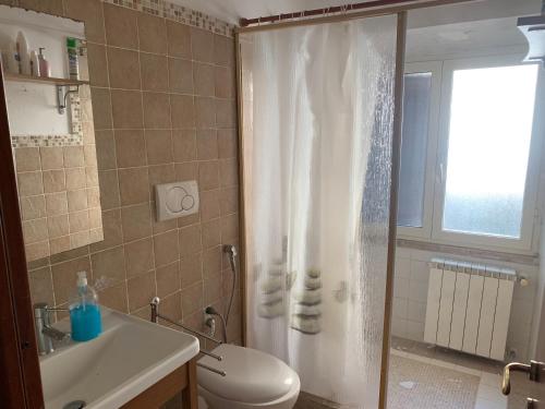 ein Badezimmer mit Dusche, Toilette und Waschbecken in der Unterkunft Marechiaro in Anzio