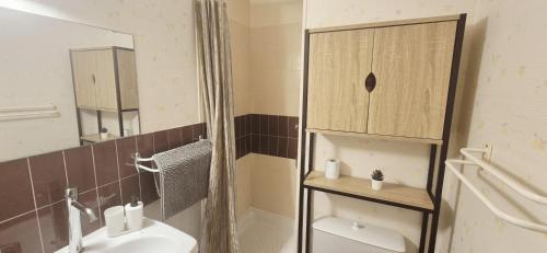 ein Badezimmer mit Waschbecken, Toilette und Spiegel in der Unterkunft Studio cv, parking, plage 5 mn in La Grande-Motte