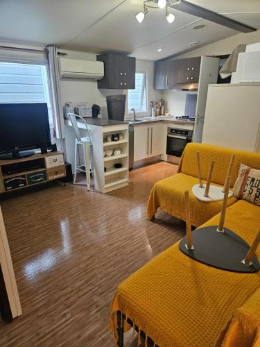 Il comprend un salon doté d'un mobilier jaune et une cuisine. dans l'établissement Mobil home, à Puget-sur Argens