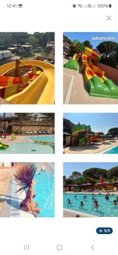 un collage de quatre photos d'un parc aquatique dans l'établissement Mobil home, à Puget-sur Argens
