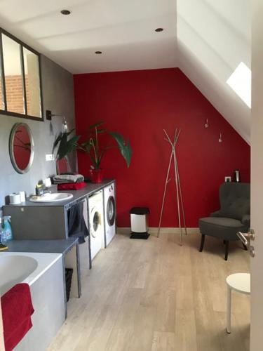 une cuisine avec un lave-linge et un mur rouge dans l'établissement La Ferme au colombier, à NÃ©ron