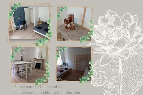 un collage de quatre photos d'une pièce avec une fleur dans l'établissement Appartement familial Fleur de coton - centre-ville, à Dijon