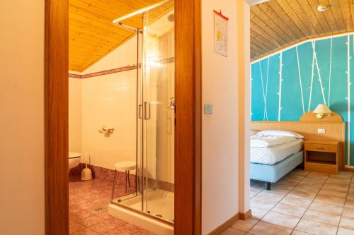 a bathroom with a shower and a bed in a room at Enrosadira in Predaia