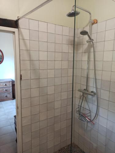 une douche dans une salle de bain avec du carrelage blanc dans l'établissement Porcherat - Perigord Vert,Dordogne, à La Roche-Chalais