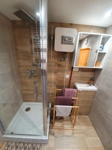 a small bathroom with a shower and a purple chair at Sosnowy Domek in Zator