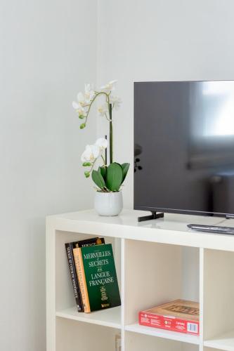 une étagère blanche avec une télévision et un livre dans l'établissement Le Alain charmant duplex au cœur de Rouen, à Rouen
