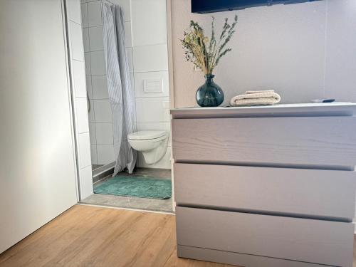 a bathroom with a toilet and a vase on a dresser at Modern Cozy Studio Apartment & Terrace in Oldenburg