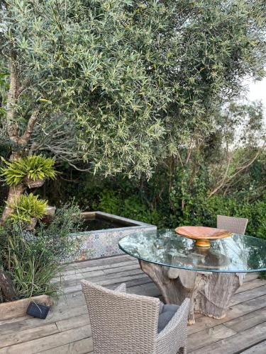 a glass table and chairs on a wooden deck at Rustic cabin with pond and deck in Aljezur