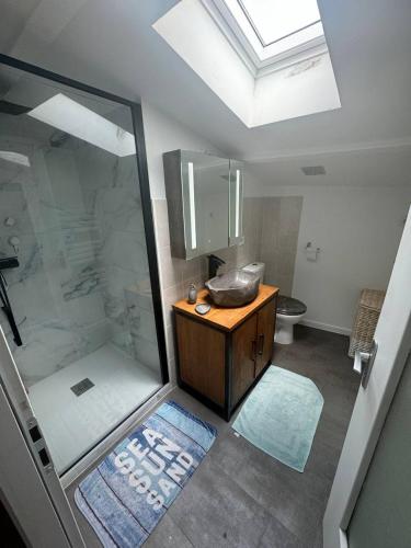 une salle de bain avec une douche, un lavabo et des toilettes dans l'établissement Maison familiale proche Thermes, Lac et Plages, à Saujon