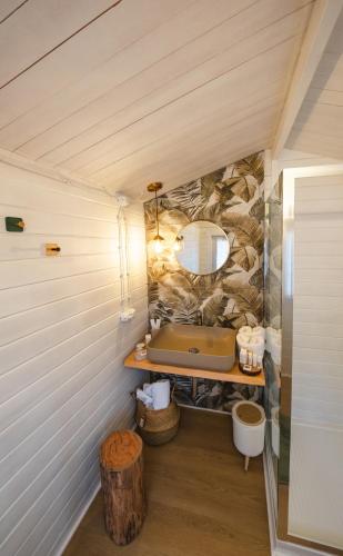 a bathroom with a sink and a mirror at Berenice Glamping in Salitto
