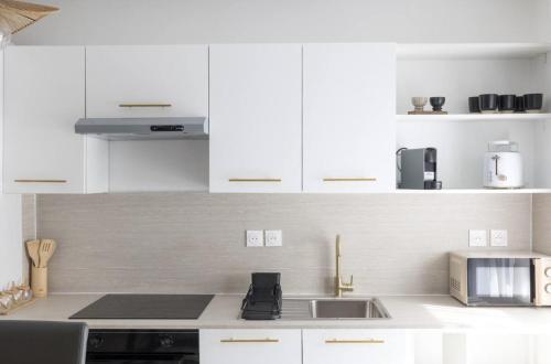 une cuisine blanche avec un évier et un micro-ondes dans l'établissement Lanova appartement pour 6 proche Disneyland Paris, à Chessy