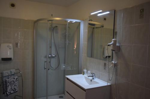 a bathroom with a shower and a sink and a shower at Chambres d'Hôtes L'Orée des Bois in Lacrouzette