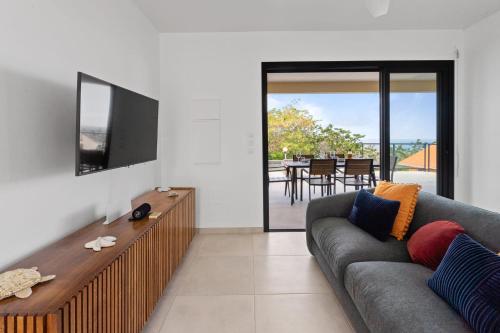 a living room with a couch and a flat screen tv at Villa Pomelia in Le Carbet