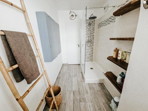 La salle de bains est pourvue d'une douche à l'italienne. dans l'établissement La belle chanteraine 80 m2 vue Basilique, à Reims