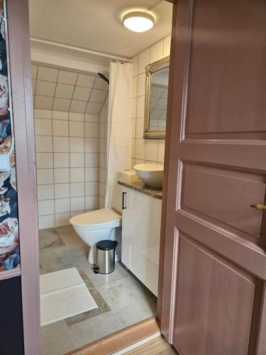 a bathroom with a toilet and a sink and a door at Stiby stugan in Gärsnäs