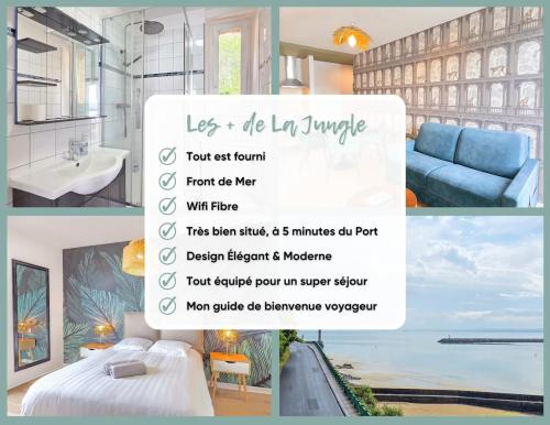 un collage de photos d'une chambre d'hôtel avec une affiche dans l'établissement La Jungle - A Deux Pas de la Mer, Parking, Unique, à Plérin