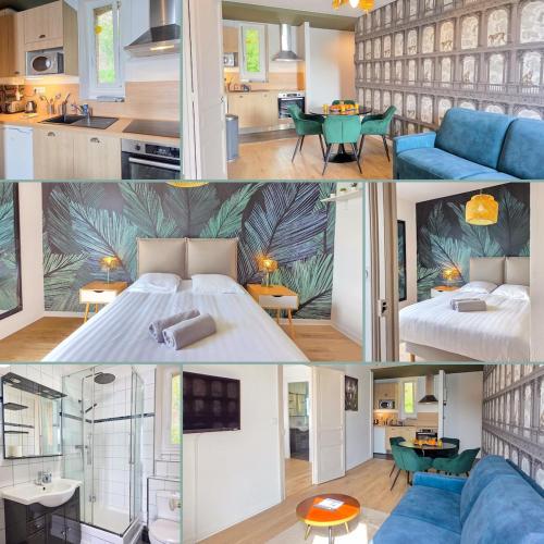 un collage de photos d'une chambre et d'un salon dans l'établissement La Jungle - A Deux Pas de la Mer, Parking, Unique, à Plérin