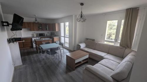un salon avec un canapé et une table et une cuisine dans l'établissement appartement 3 pieces 2 chambres centre ville, à Antibes