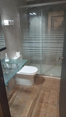 a bathroom with a toilet and a glass shower at Hostel Elios in Lorca