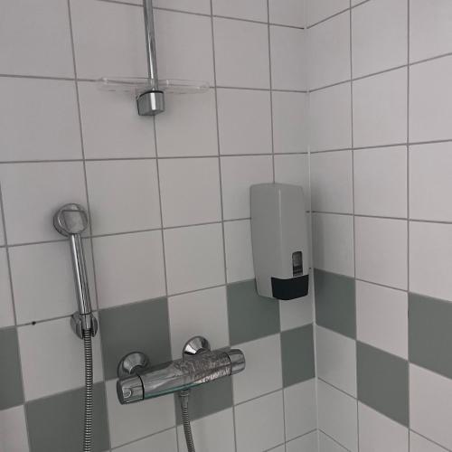 a bathroom with a shower with a hose at Hotelli Kainuunportti in Kajaani