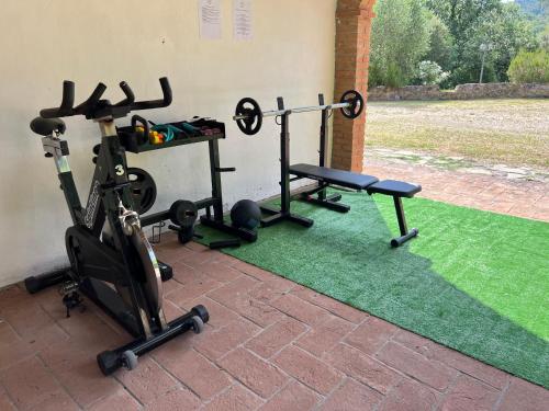 a home gym with two bikes and a treadmill at Villa Cresci con piscina in Sassetta