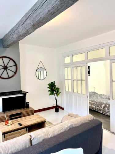 un salon avec un canapé et une télévision dans l'établissement L'Industriel - Lit King Size, à Carcassonne