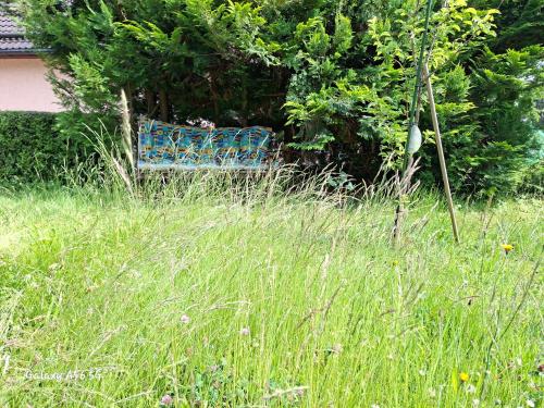 a blue bench sitting in a field of grass at ansimali 1- Gemütliche FeWo mit Küche und Gartenblick in Grünhain-Beierfeld für Tierfreunde und Radliebhaber in Grünhain-Beierfeld
