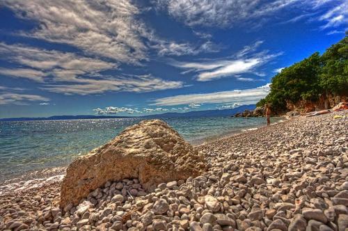 a rock sitting on a beach near the water at Apartments Villa Bare in Kastav