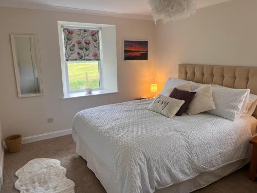 a bedroom with a white bed with a window at Williamsfield Cottage in Holywood