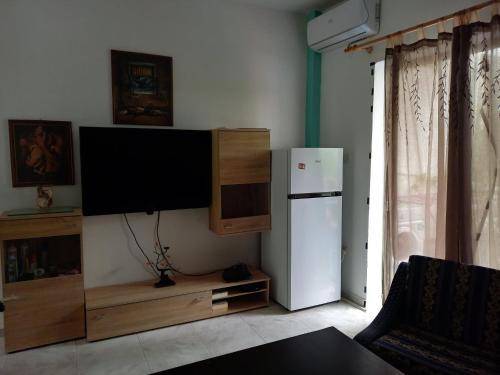 a living room with a television and a refrigerator at Κόσμος apartment in Polykhrono
