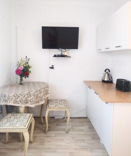 a kitchen with a table and a tv on the wall at Ubytovani Sarka in Čistá