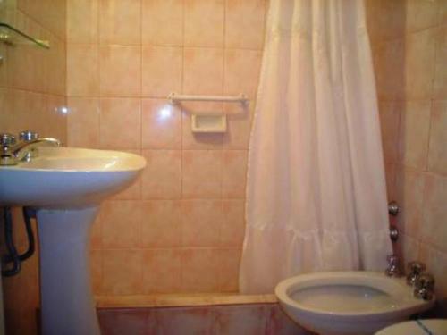 a bathroom with a sink and a shower curtain at Hosteria Nuevo Pinar in San Carlos de Bariloche