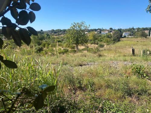 a field with grass and trees in the distance at maison jardin tram,mer 15mn voiture in Saint-Jean-de-Védas