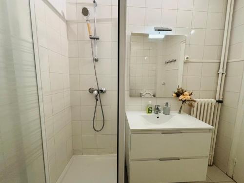 une salle de bain avec douche et lavabo dans l'établissement Apart 300m to Arc de Triomphe, à Paris