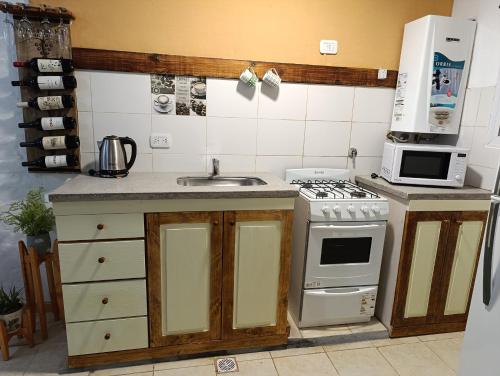 a kitchen with a stove and a microwave at Balcon de Antares in Uspallata
