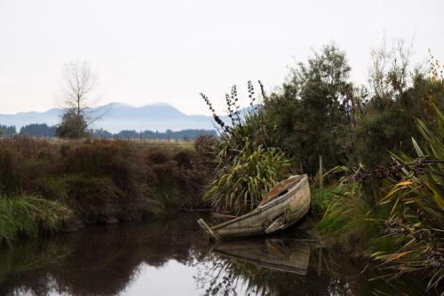 a boat sitting on the side of a river at Appleby House & Rabbit Island Huts in Mapua
