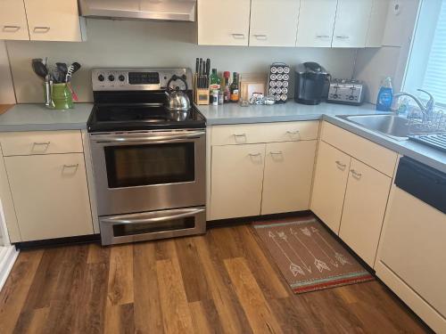 a kitchen with a stove and a sink at Pet Friendly Condo near Loon with Loon Club passes in Lincoln