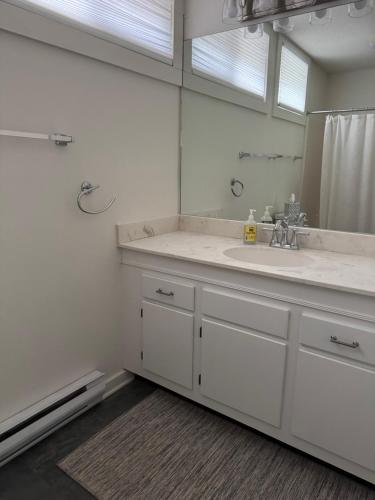 une salle de bain blanche avec un lavabo et un miroir dans l'établissement Pet Friendly Condo near Loon with AC, à Lincoln